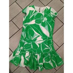 Milly Green White Floral Drop Waist Ruffle Shift Dress Size 2 Botanical Mini
